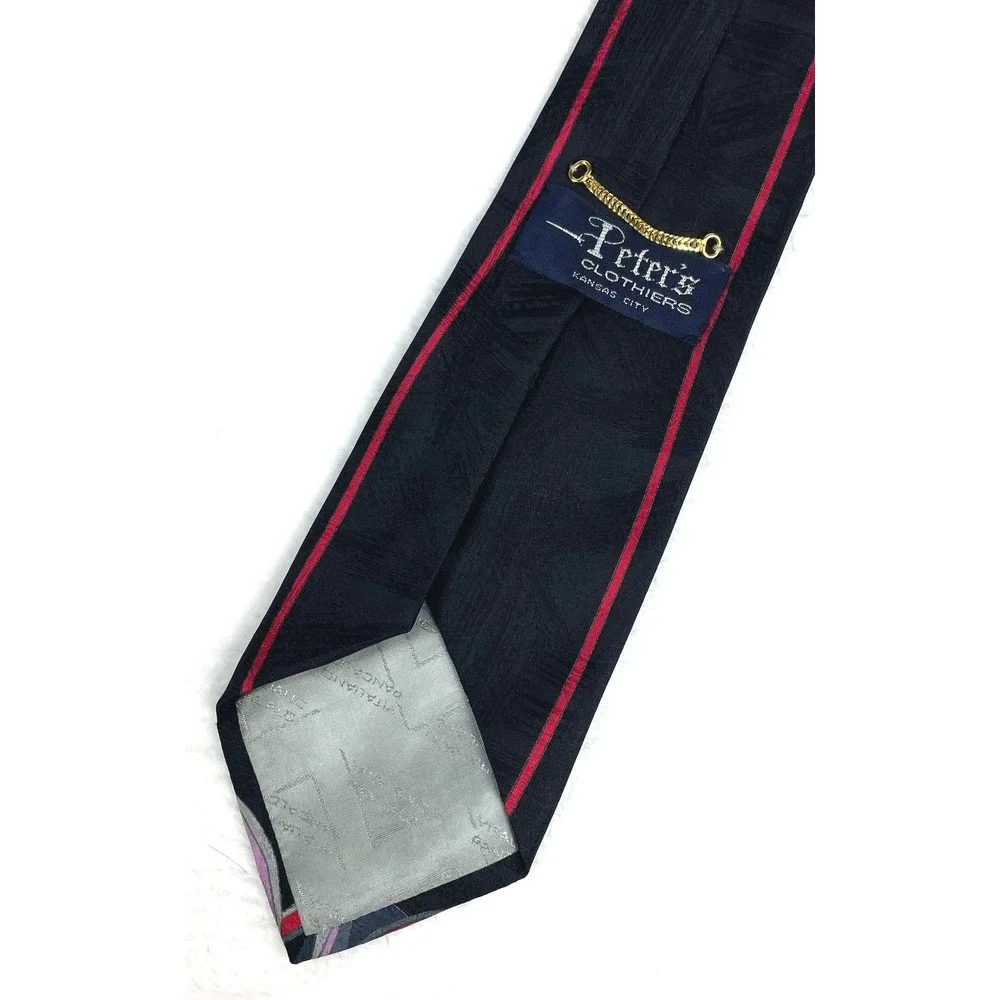 VTG Peter's Clothiers Novelty 80s Chain Twist Print Black Purple Red Silk Tie